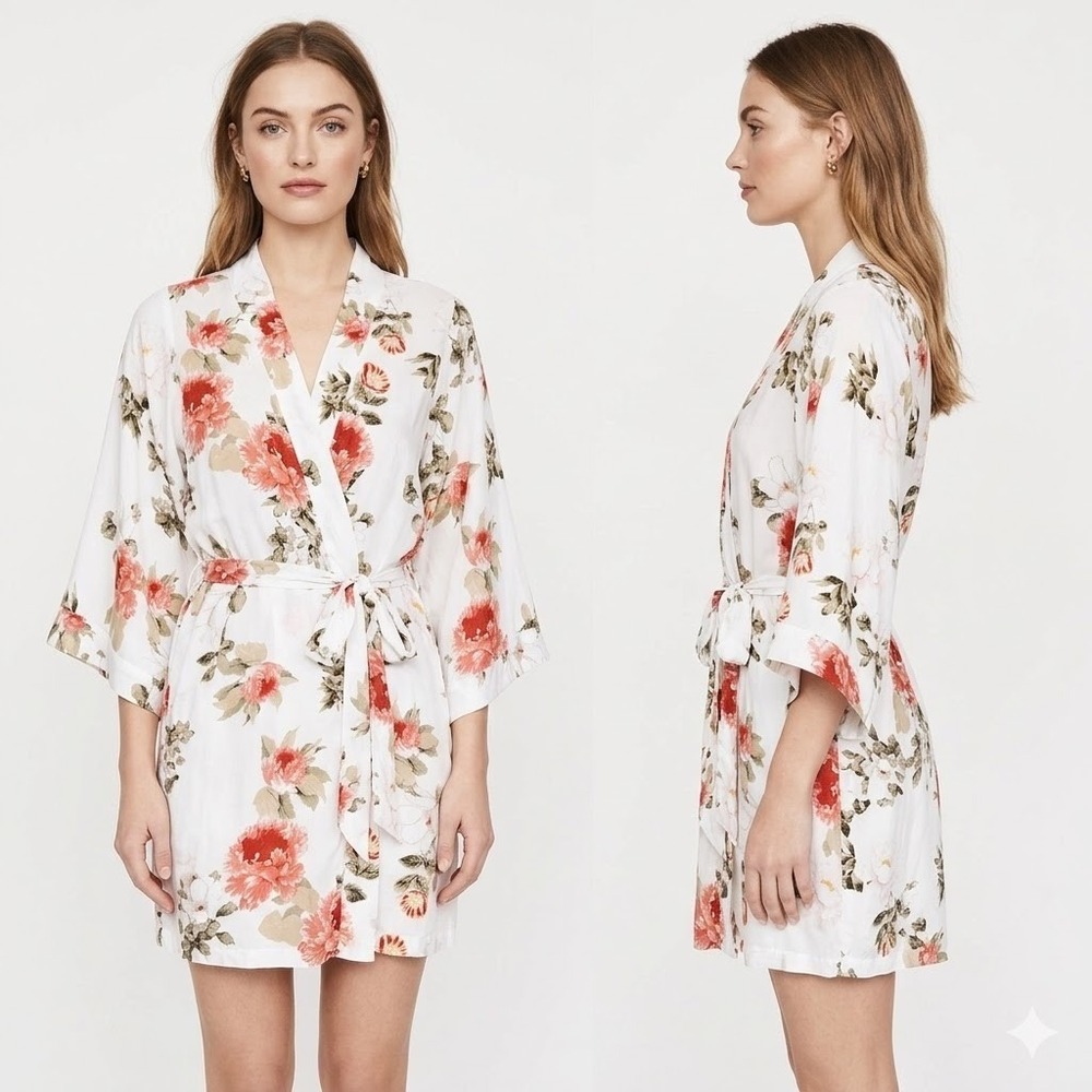 Yumi Kim Floral Kimono Robe White Pink Rayon Wrap Cardigan Duster Women's Small
